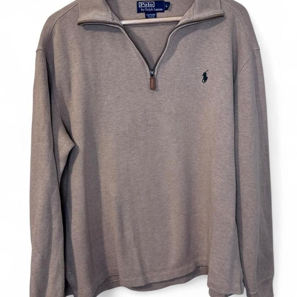 Polo Ralph Lauren Quarter Zip Pullover Sweater Tan w/ Brown Leather Zipper Pull
